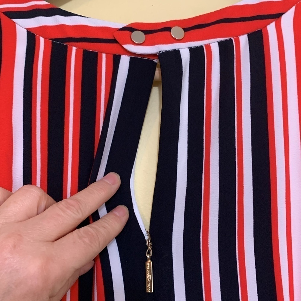Karl Lagerfeld | Red White Blue Striped Sleeveless Handkerchief Hem Midi Dress 0 - Picture 15 of 17